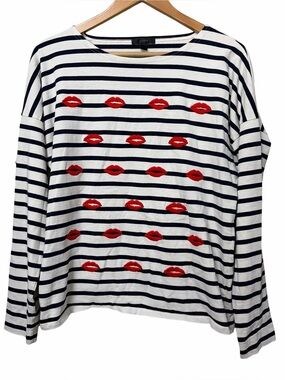 J.Crew striped lips kiss embroidered top
